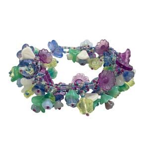 Handmade Glass Lampwork Bead Pastel Flowers One-of-a Kind Wearable Art Bracelet